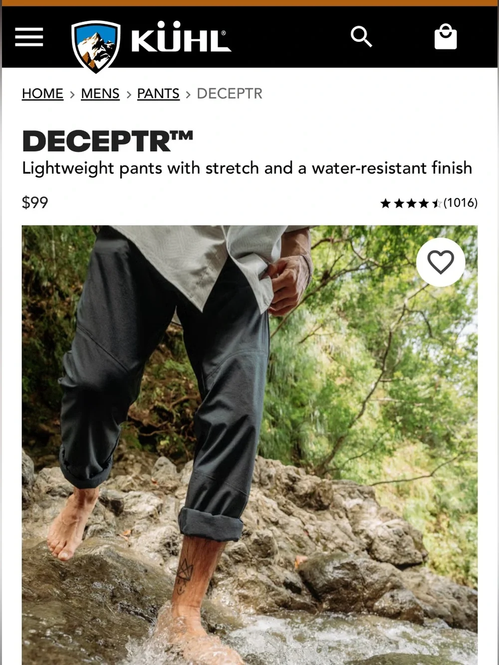 Kuhl Deceptr Pant Carbon Gray Slim Tapered Technical Hiking Pant Men's 34X30